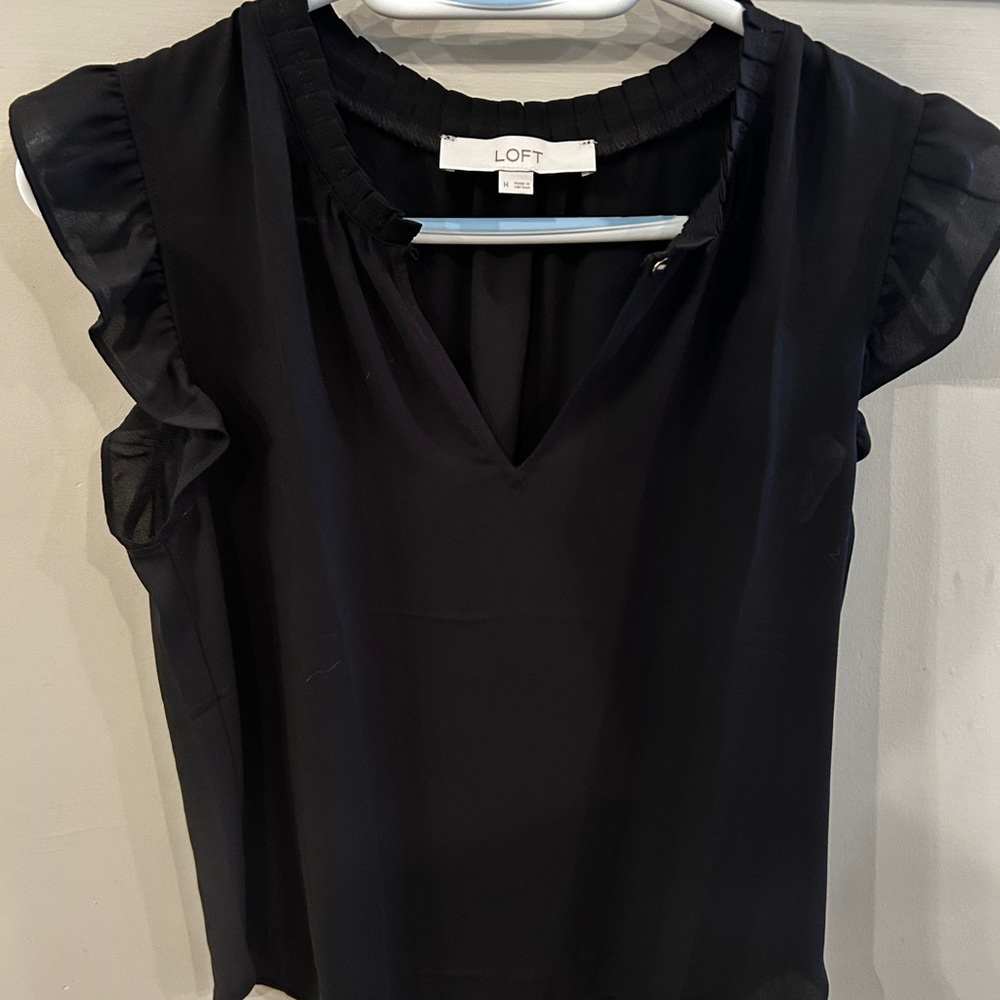 LOFT Black Flutter Sleeve Ruffled Blouse